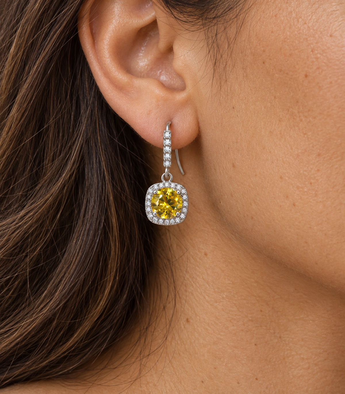 JIMIKI Crystal Cushion Halo Hook Earring Pair in Silver tone / yellow, close-up detail #color_silver tone / yellow