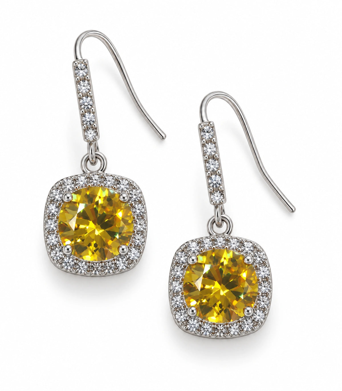 JIMIKI Crystal Cushion Halo Hook Earring Pair in Silver tone / yellow, white background product view #color_silver tone / yellow