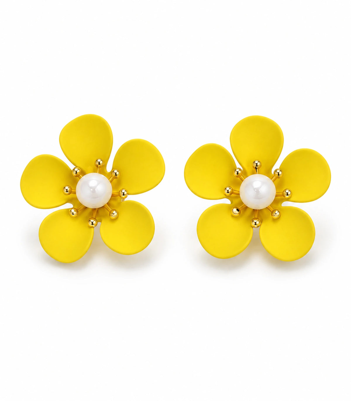 JIMIKI yellow five-petal flower stud earrings with pearl-effect centre, matching flower stud pair on white #color_yellow