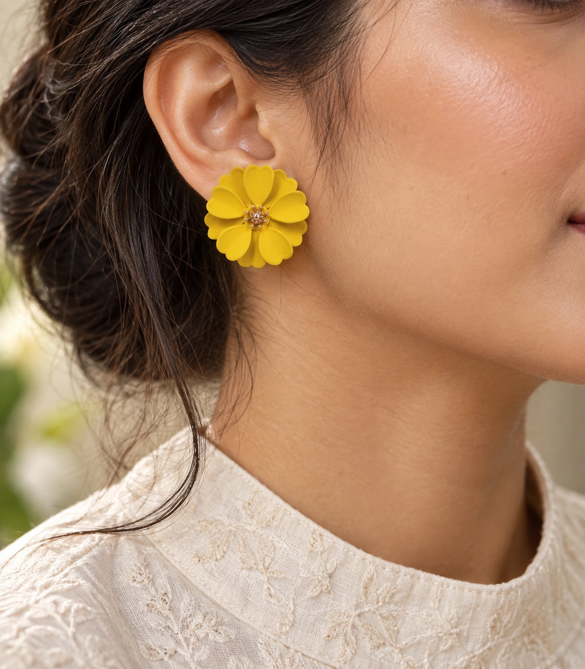 JIMIKI Yellow Layered Daisy Stud Earrings - earring worn in editorial styling #color_yellow