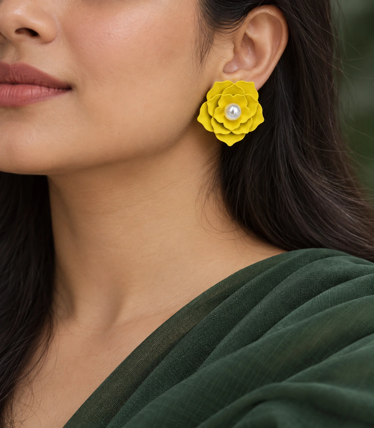 JIMIKI Layered Flower Pearl Stud Earrings, Yellow — earrings styled with an outfit #color_yellow