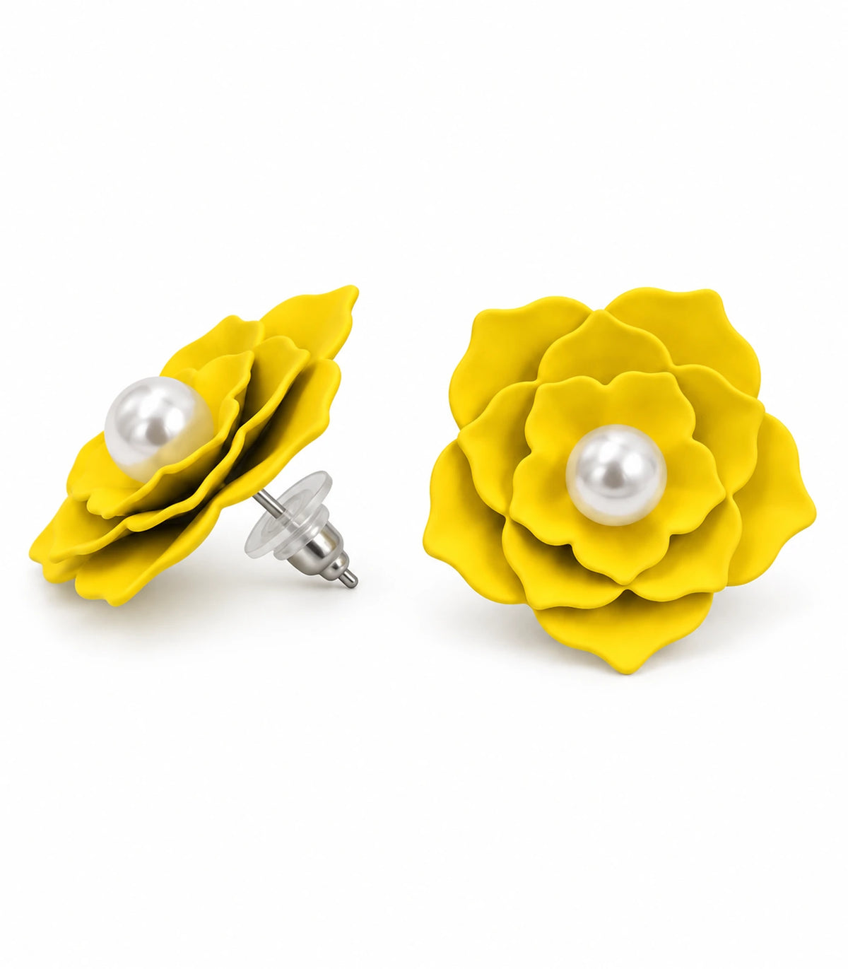 JIMIKI Layered Flower Pearl Stud Earrings, Yellow — pair on white background #color_yellow