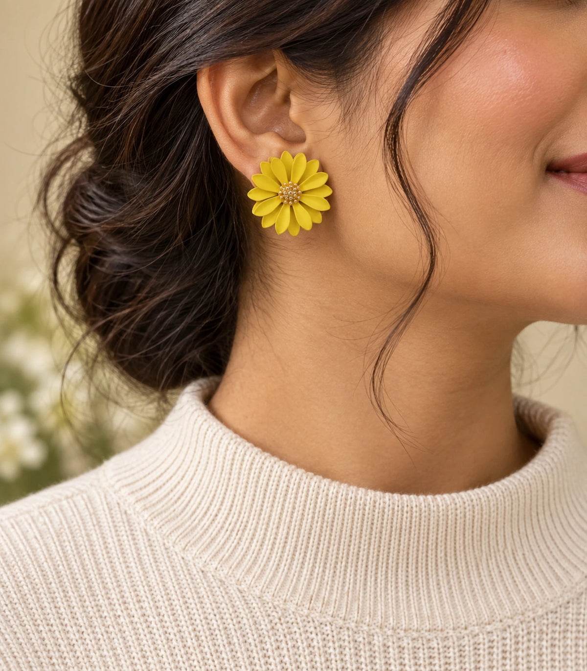 JIMIKI Yellow layered starburst daisy stud earrings, editorial portrait of the daisy stud worn at the ear #color_yellow