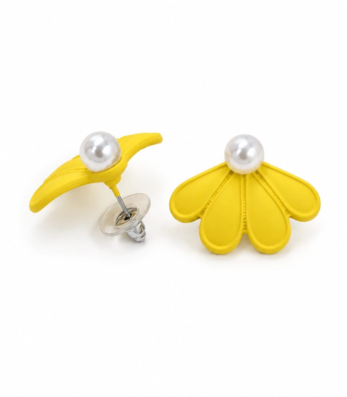 JIMIKI Yellow pearl fan petal stud earrings, pair on a white background #color_yellow
