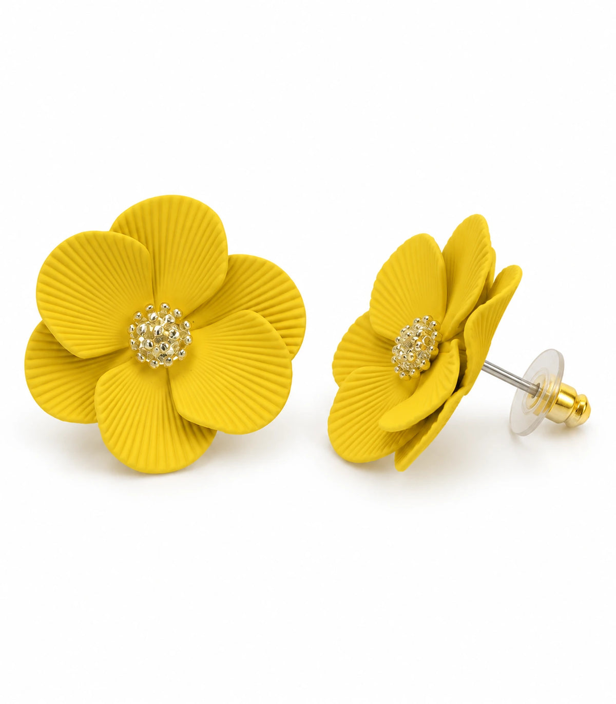 JIMIKI Yellow ribbed flower stud earrings, pair on a white background #color_yellow