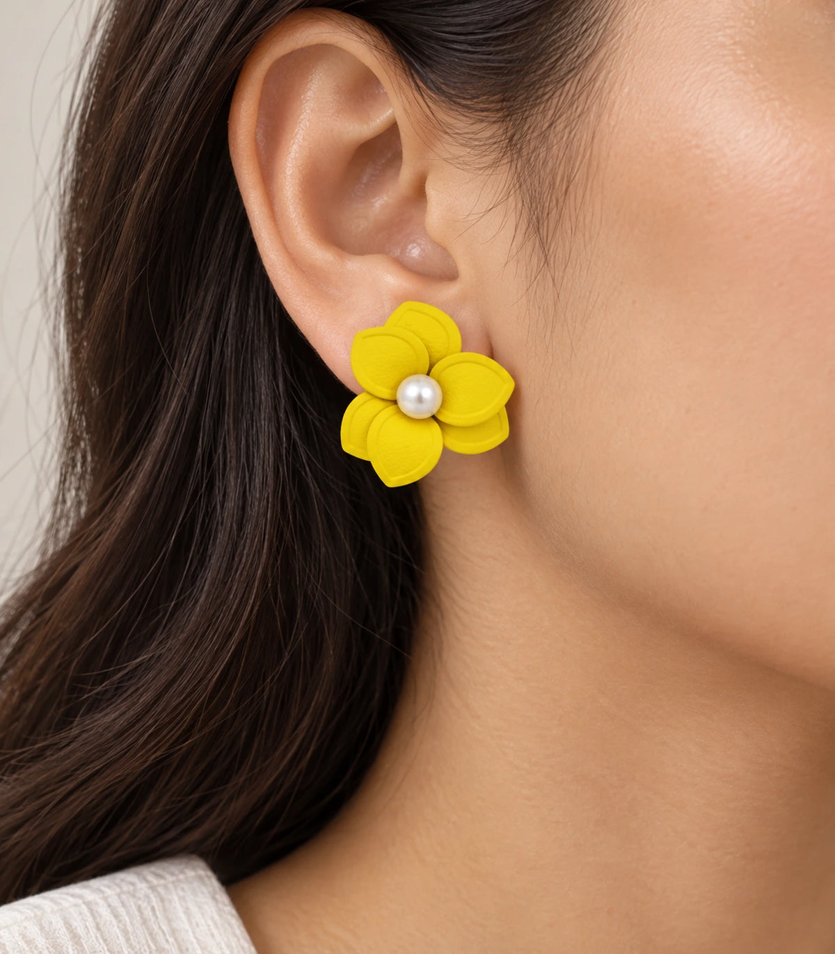 JIMIKI Yellow Triple Petal Pearl Flower Stud Earrings - earring worn on model #color_yellow