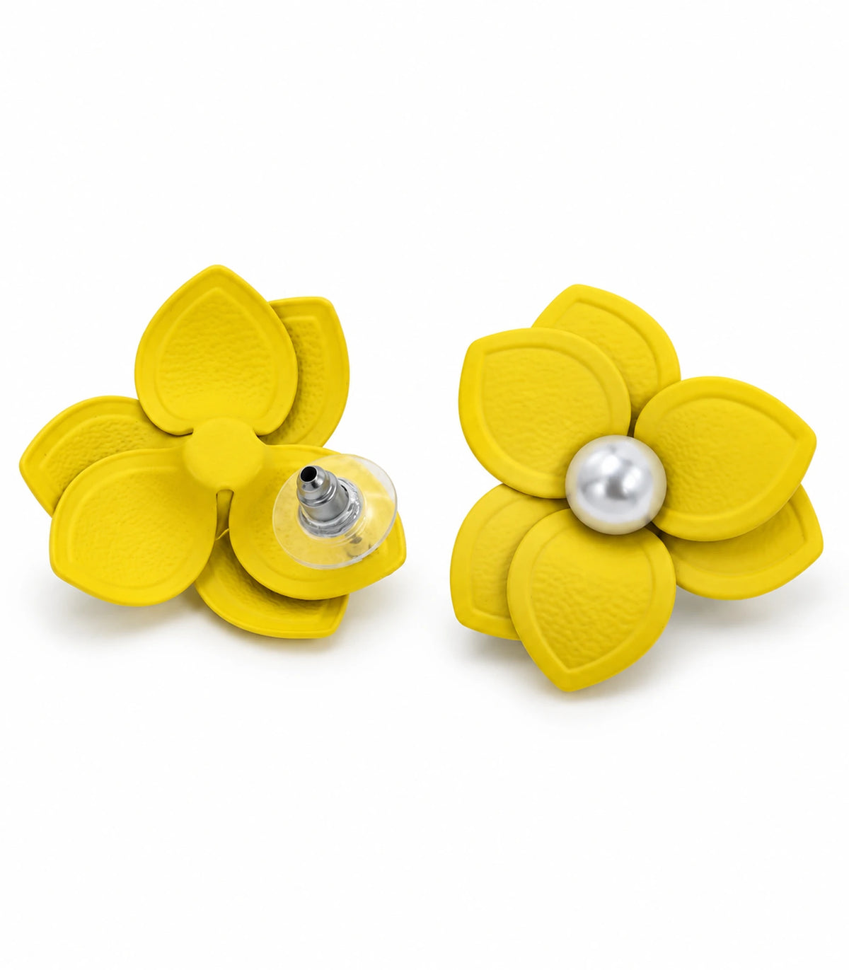 JIMIKI Yellow Triple Petal Pearl Flower Stud Earrings - pair on white background #color_yellow