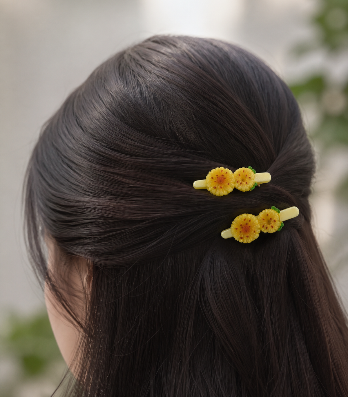 Yellow Tropical Flower Duo Clip Pair in a styled editorial view
