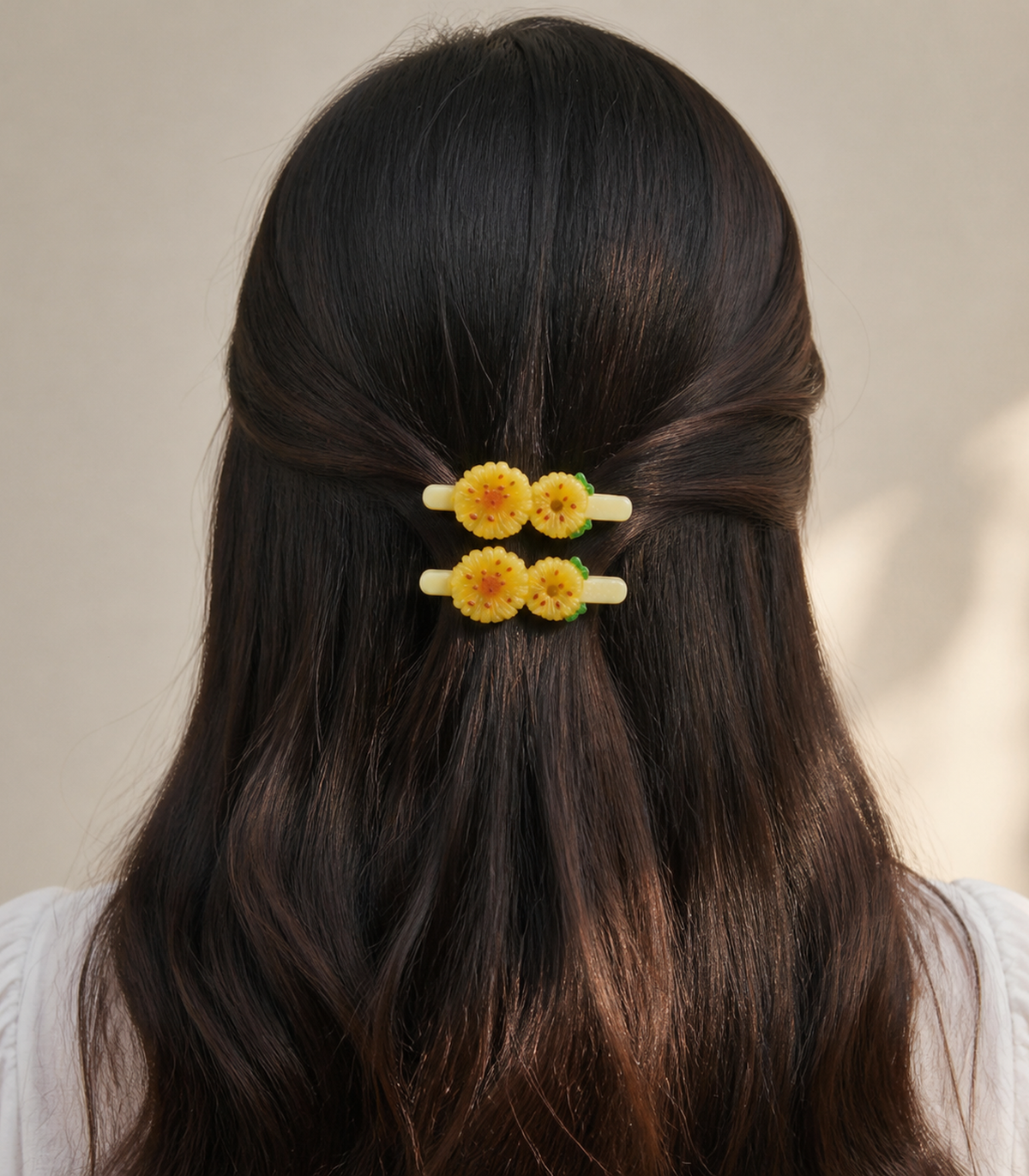 Yellow Tropical Flower Duo Clip Pair worn in hair