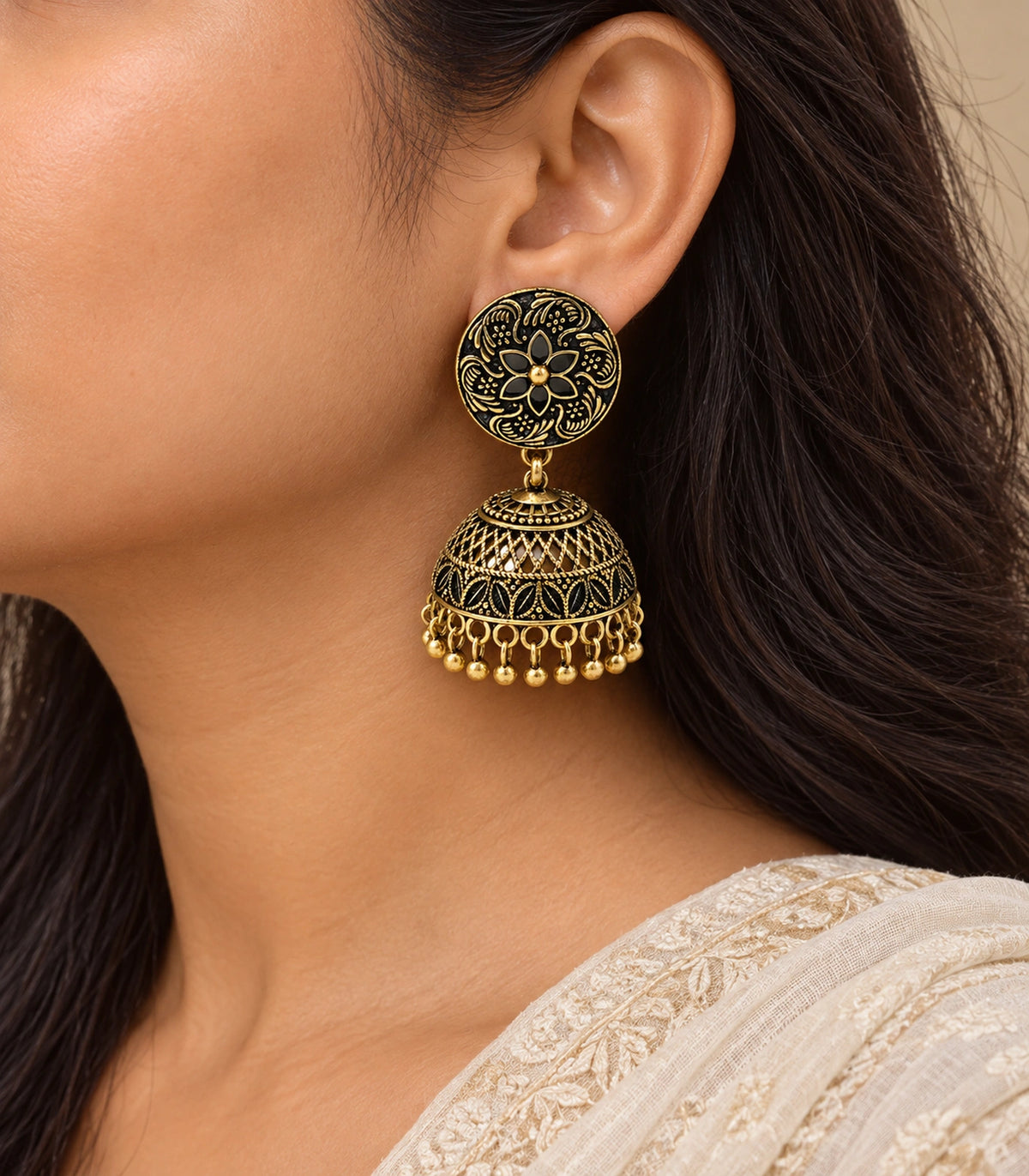 JIMIKI Antique Gold Black Floral Disc Jhumka Earrings - earrings worn with cream clothing #color_antique-gold-black