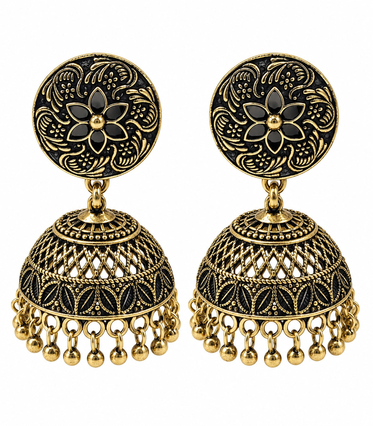 JIMIKI Antique Gold Black Floral Disc Jhumka Earrings - matching pair on white #color_antique-gold-black