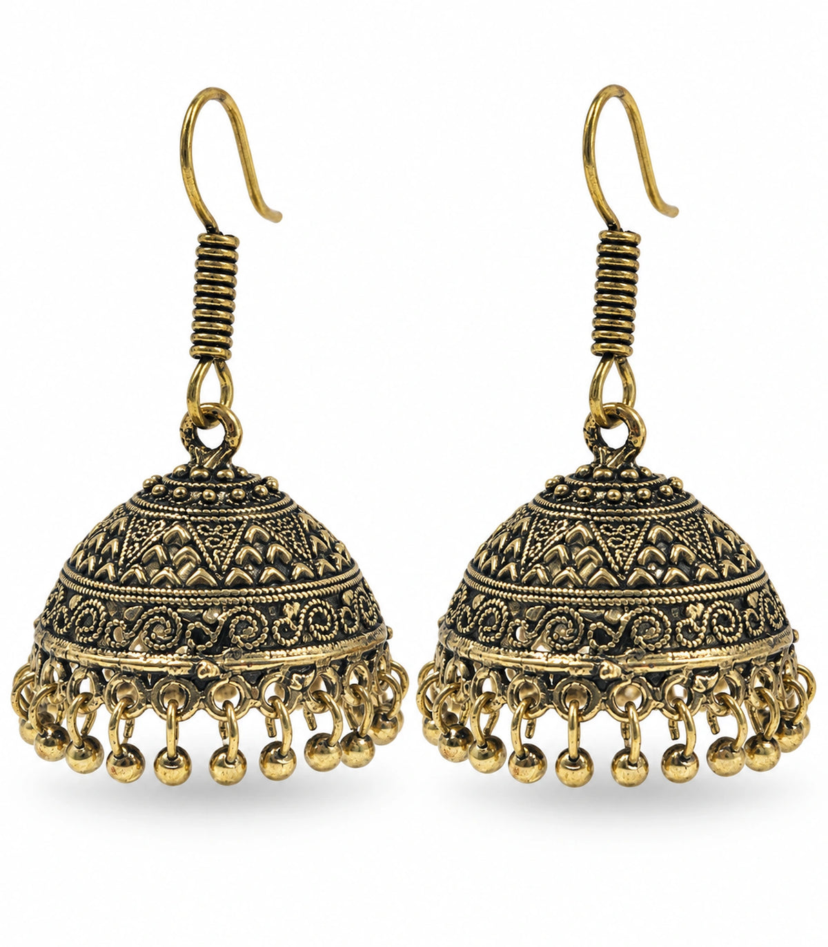 JIMIKI Antique Gold Chevron Scroll Jhumka Earrings - Antique Gold matching pair on a white background #color_antique-gold