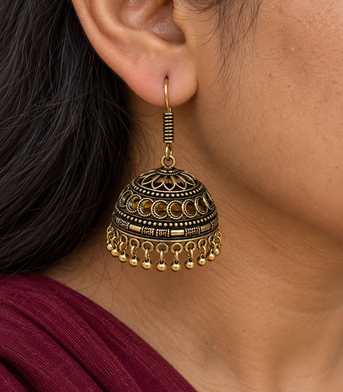 JIMIKI Antique Gold Crescent Openwork Hook Jhumka Earrings in Antique Gold - close-up details #color_antique-gold