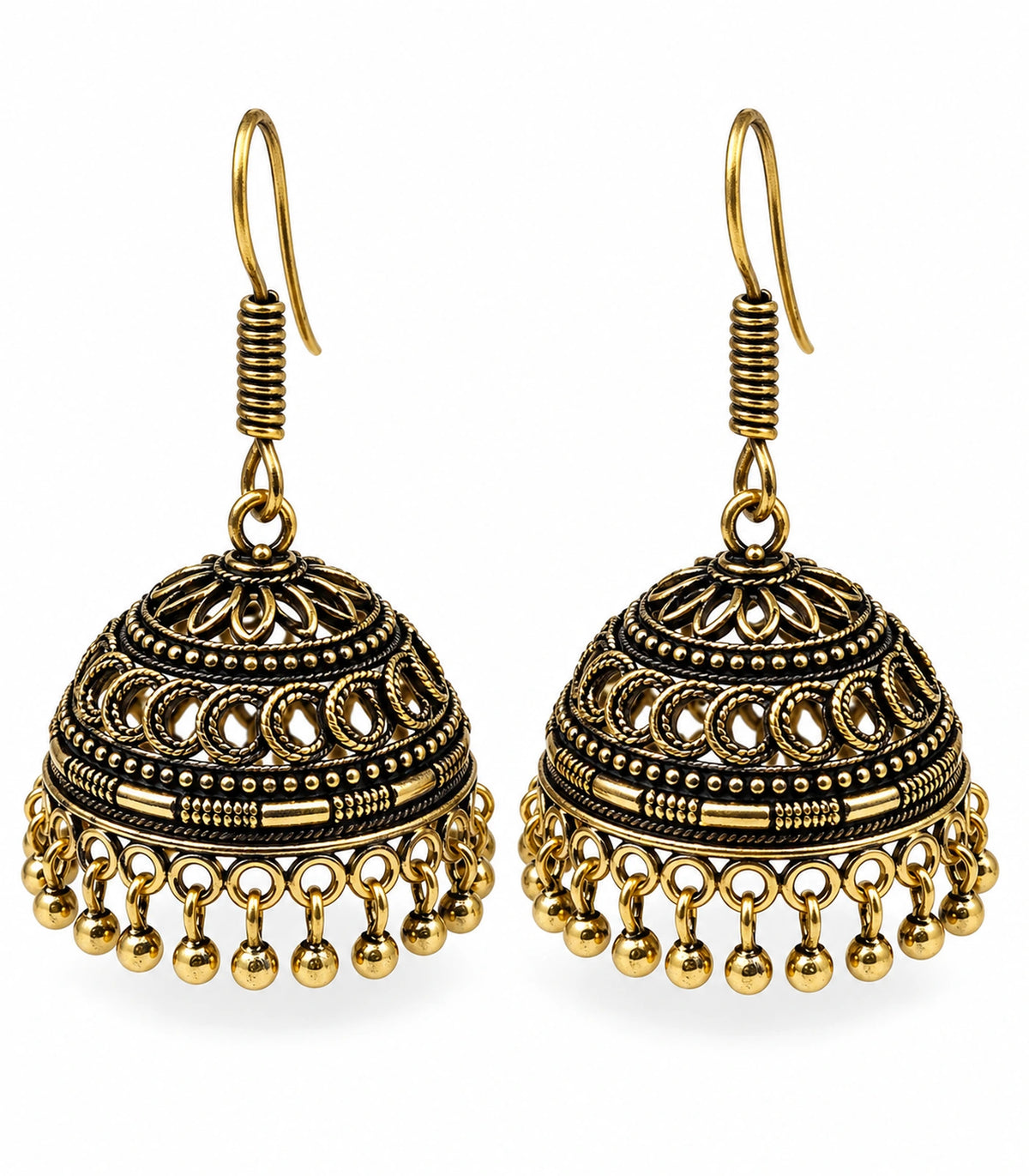 JIMIKI Antique Gold Crescent Openwork Hook Jhumka Earrings in Antique Gold - pair on white #color_antique-gold
