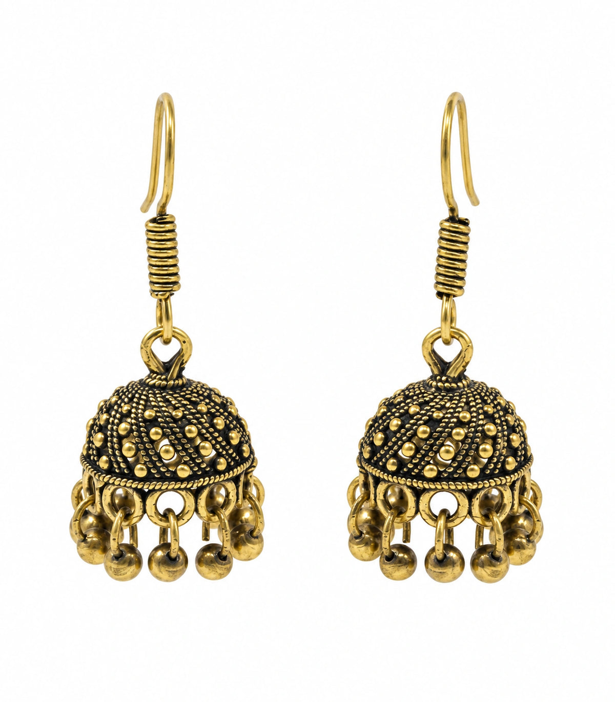 JIMIKI Antique Gold Dotted Swirl Mini Jhumka Earrings - matching pair on a white background #color_antique-gold