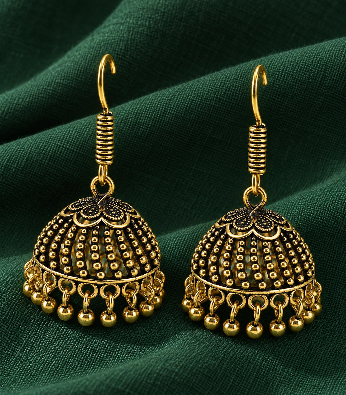 JIMIKI Antique Gold Floral Cap Beaded Dome Jhumka Earrings - styled flatlay of the matching earrings #color_antique-gold