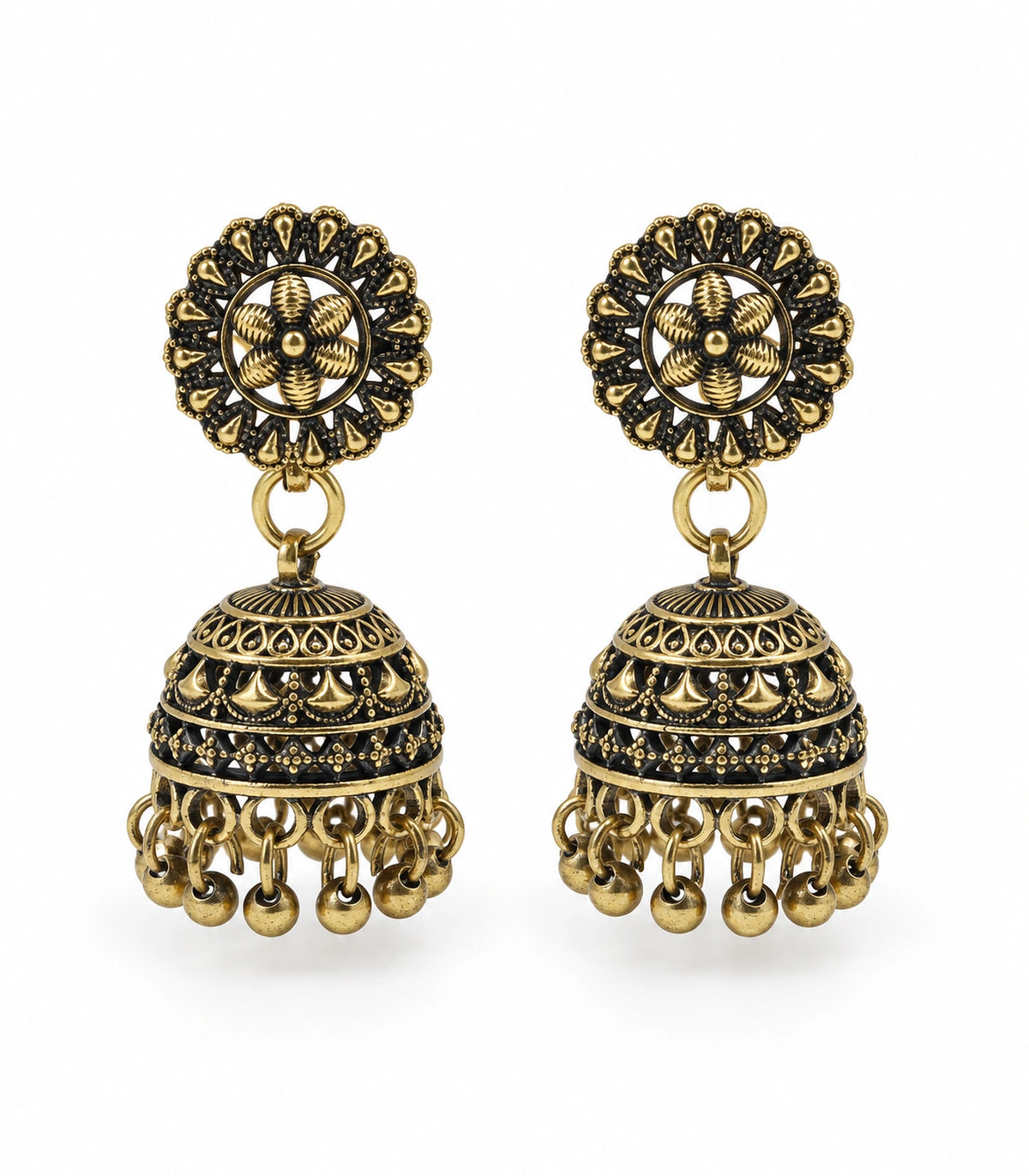 JIMIKI Antique Gold Floral Fan Dome Jhumka Earrings - matching pair on a white background #color_antique-gold