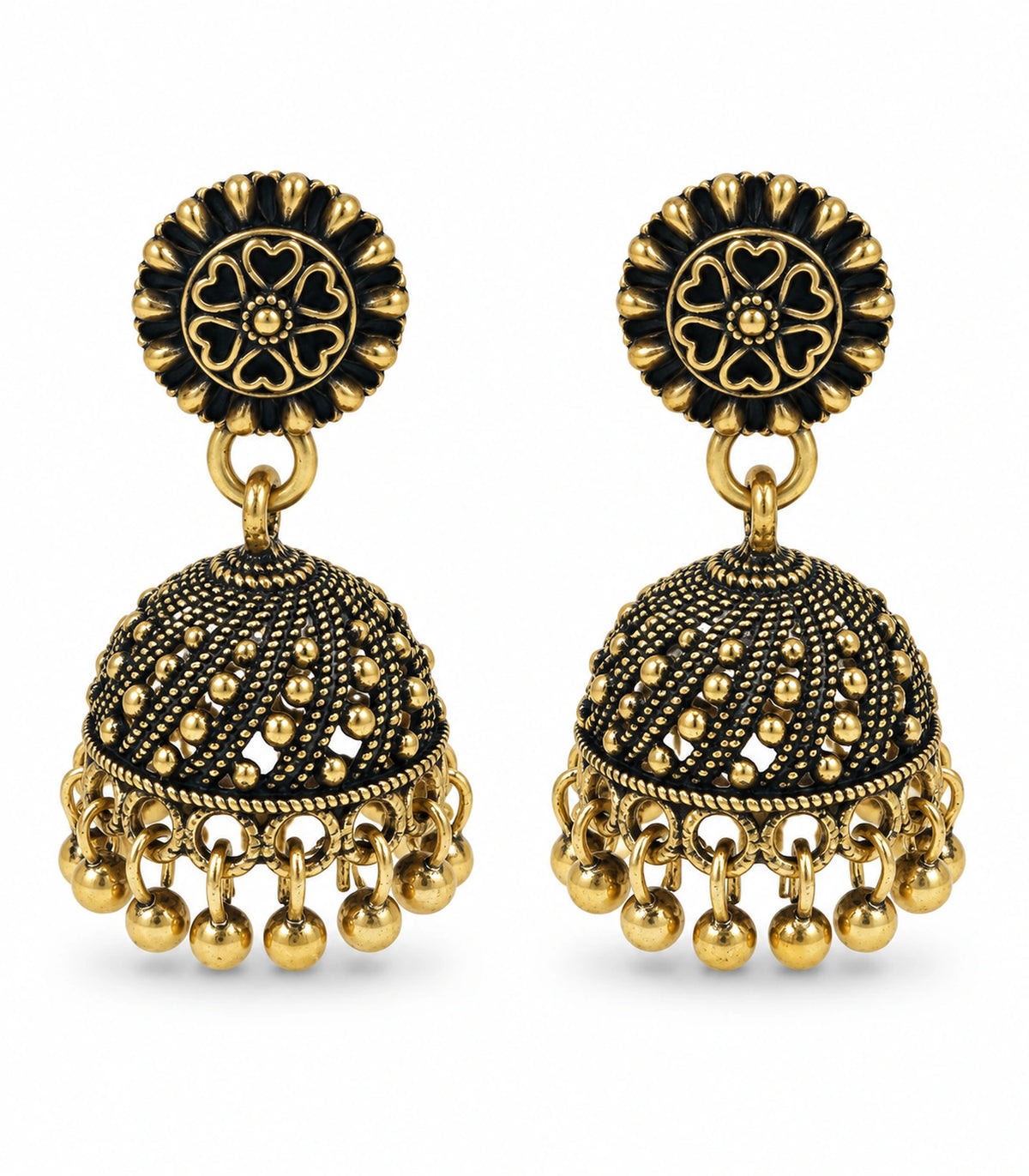 JIMIKI Antique Gold Floral Rosette Jhumka Earrings - Matching pair on white #color_antique-gold