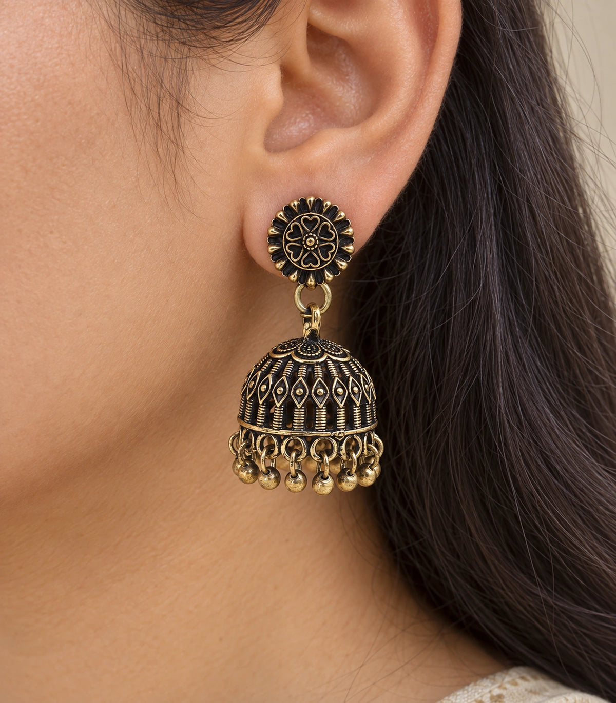 JIMIKI Antique Gold Heart Flower Openwork Jhumka Earrings in Antique Gold - close-up details #color_antique-gold