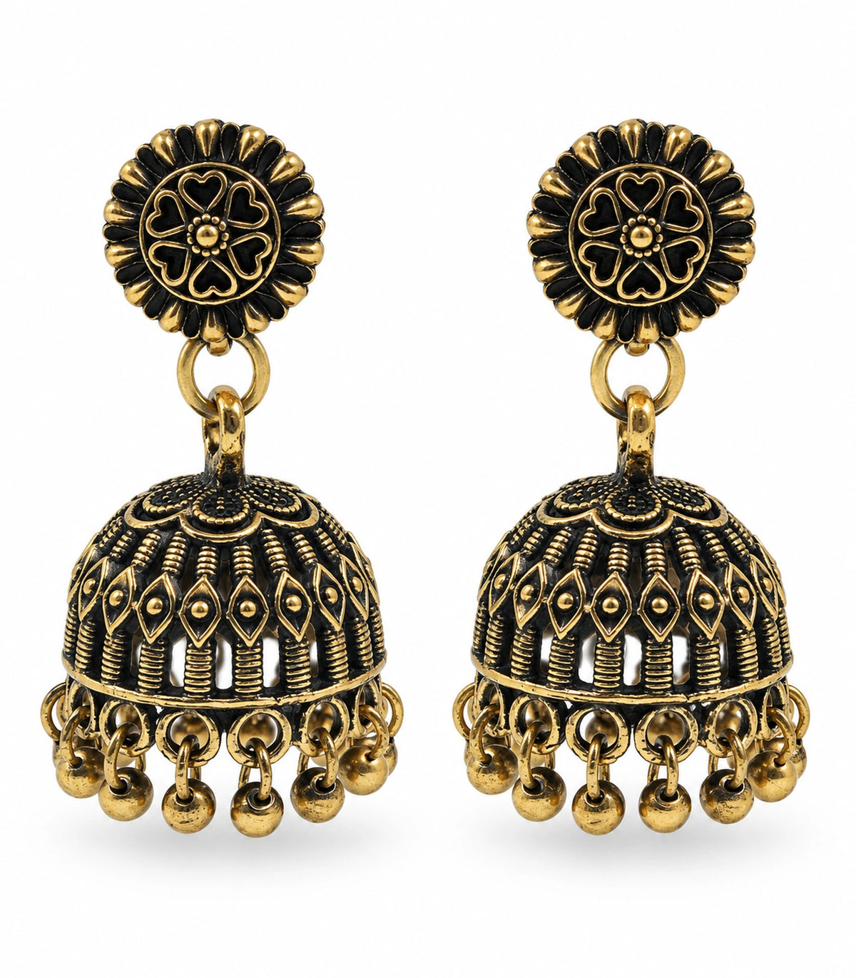 JIMIKI Antique Gold Heart Flower Openwork Jhumka Earrings in Antique Gold - pair on white #color_antique-gold