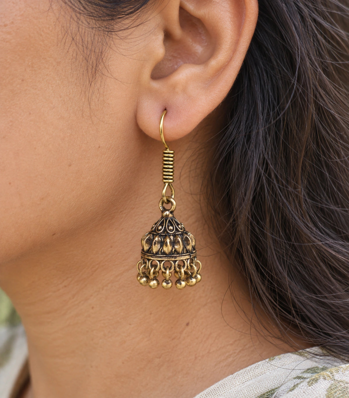 JIMIKI Leaf Dome Hook Jhumka Earrings in Antique Gold - close-up details #color_antique-gold