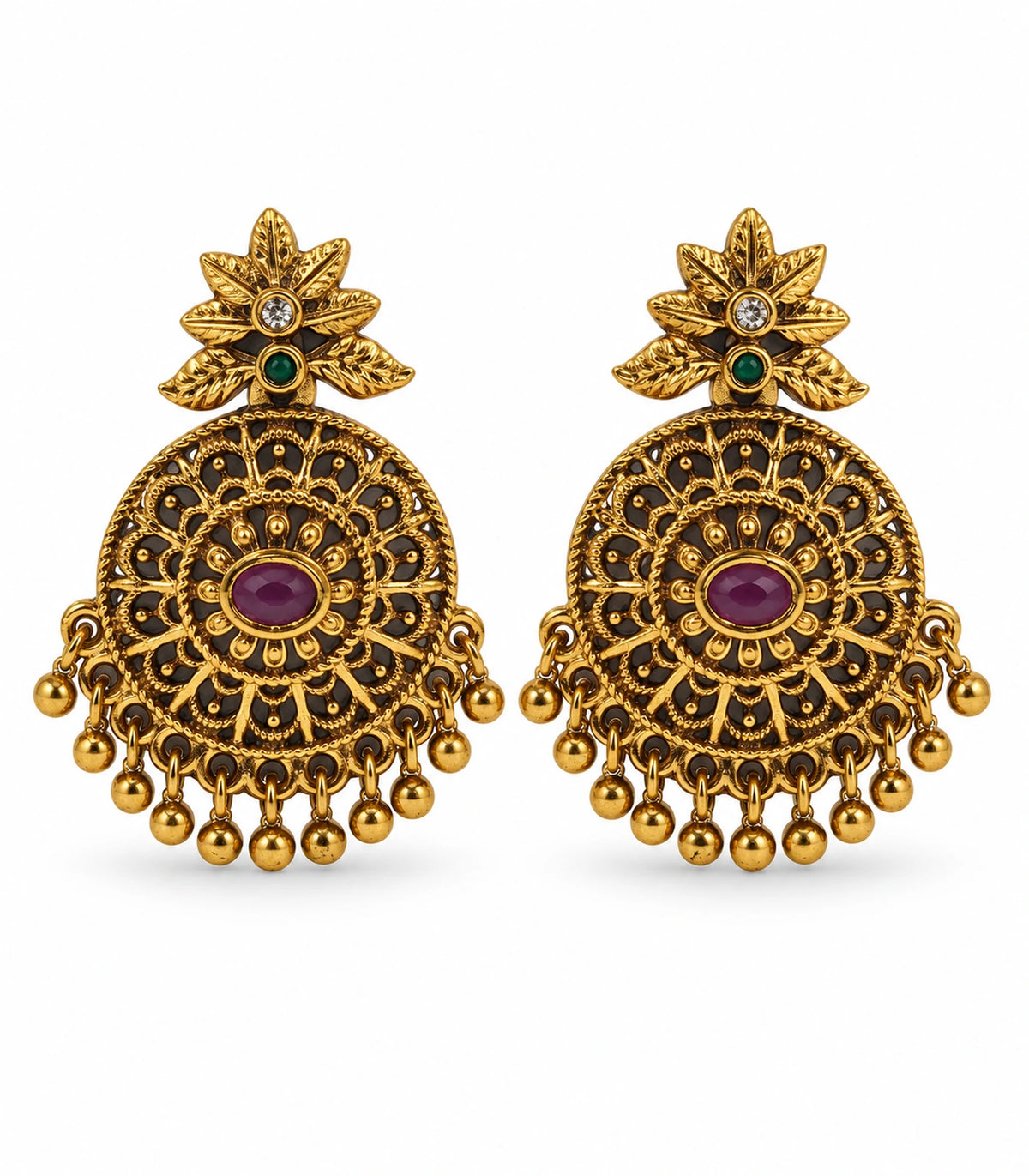 JIMIKI antique gold magenta floral disc drop earrings, matching pair on white #color_antique-gold-magenta-green