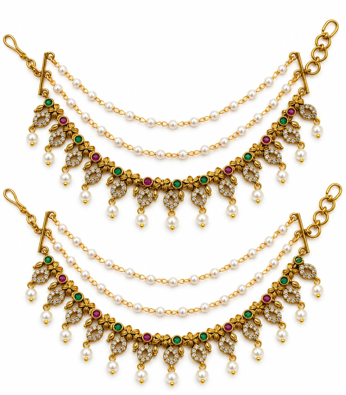 Antique gold tone magenta green flower oval pearl ear chain pair on white background