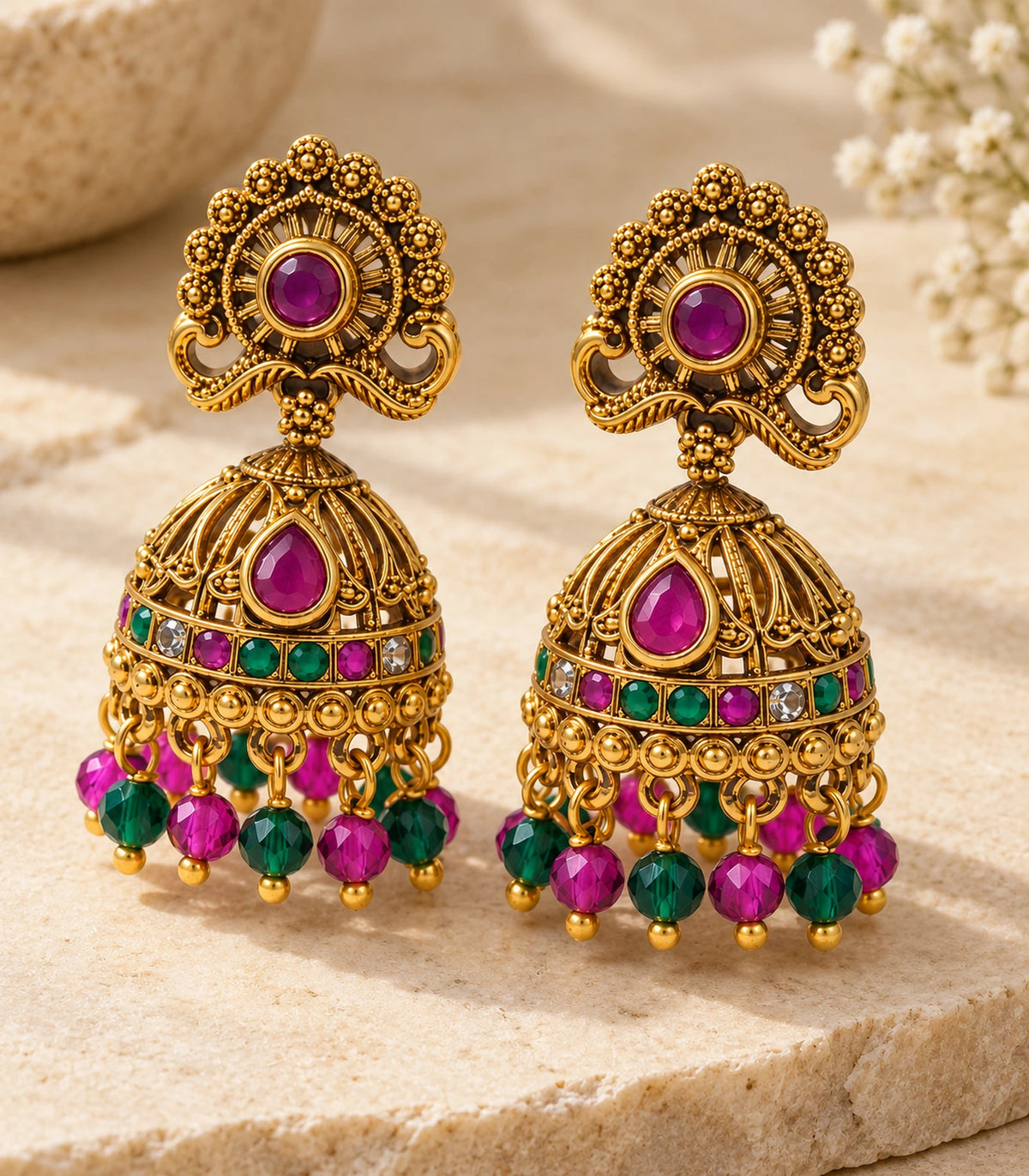 Matching pair of antique gold tone magenta and green peacock jhumka earrings in an editorial flatlay