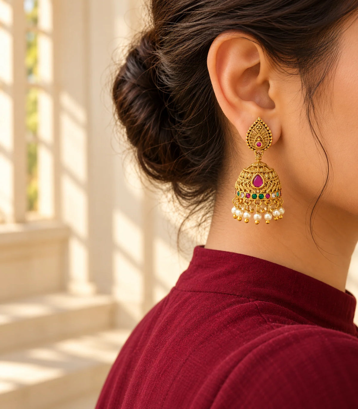 Antique gold magenta pearl jhumka earrings worn in a turned editorial pose