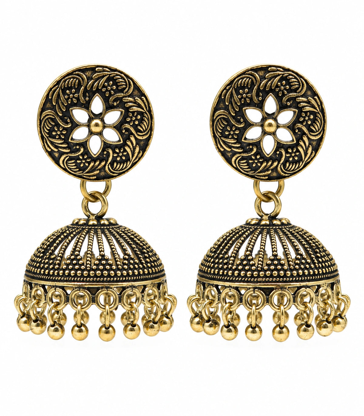 JIMIKI Antique Gold Open Flower Ribbed Jhumka Earrings in Antique Gold - pair on white #color_antique-gold