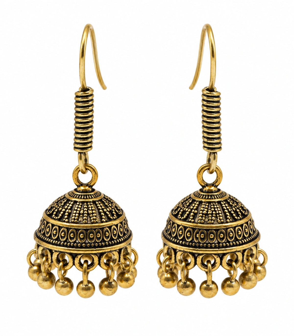JIMIKI Antique Gold Oval Band Jhumka Earrings - matching pair on a white background #color_antique-gold