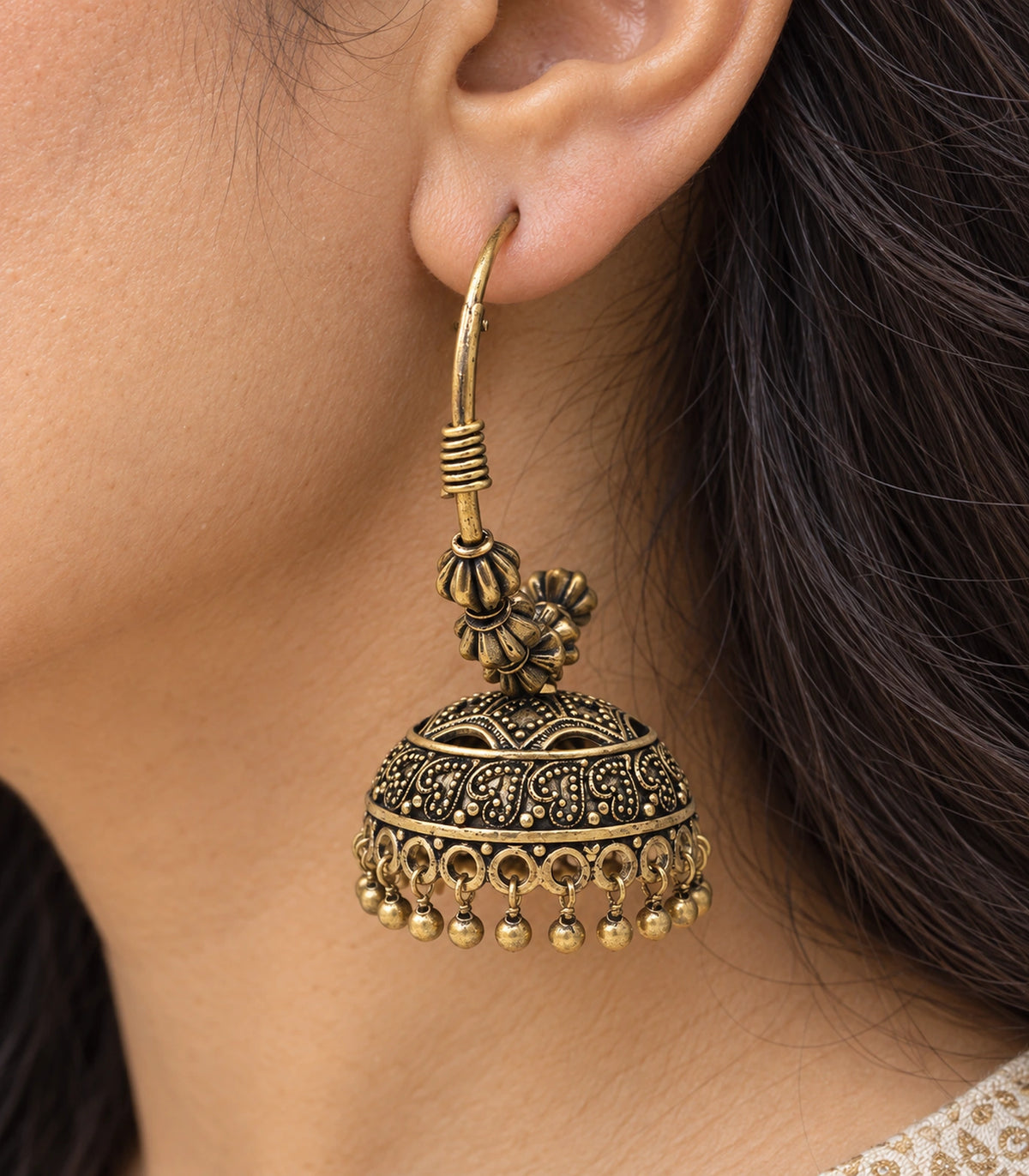 JIMIKI Paisley Beaded Hoop Jhumka Earrings in Antique Gold - close-up details #color_antique-gold