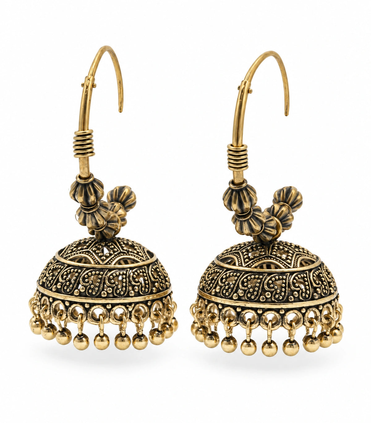 JIMIKI Paisley Beaded Hoop Jhumka Earrings in Antique Gold - pair on white #color_antique-gold