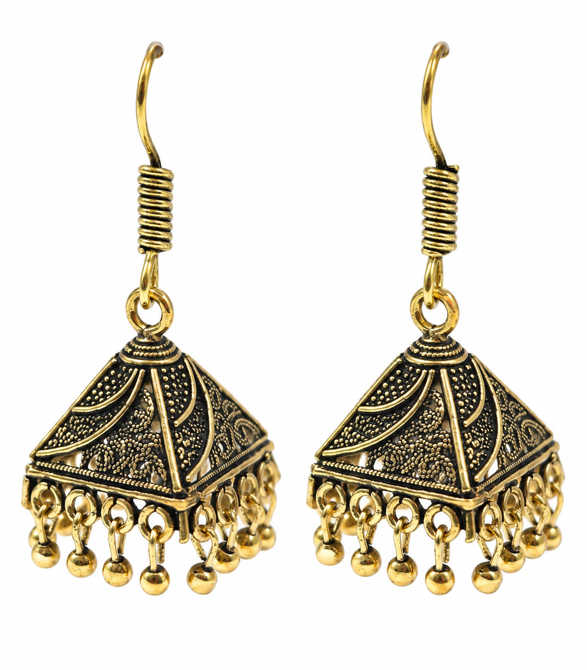 JIMIKI Antique Gold Paisley Pyramid Jhumka Earrings - matching pair on a white background #color_antique-gold