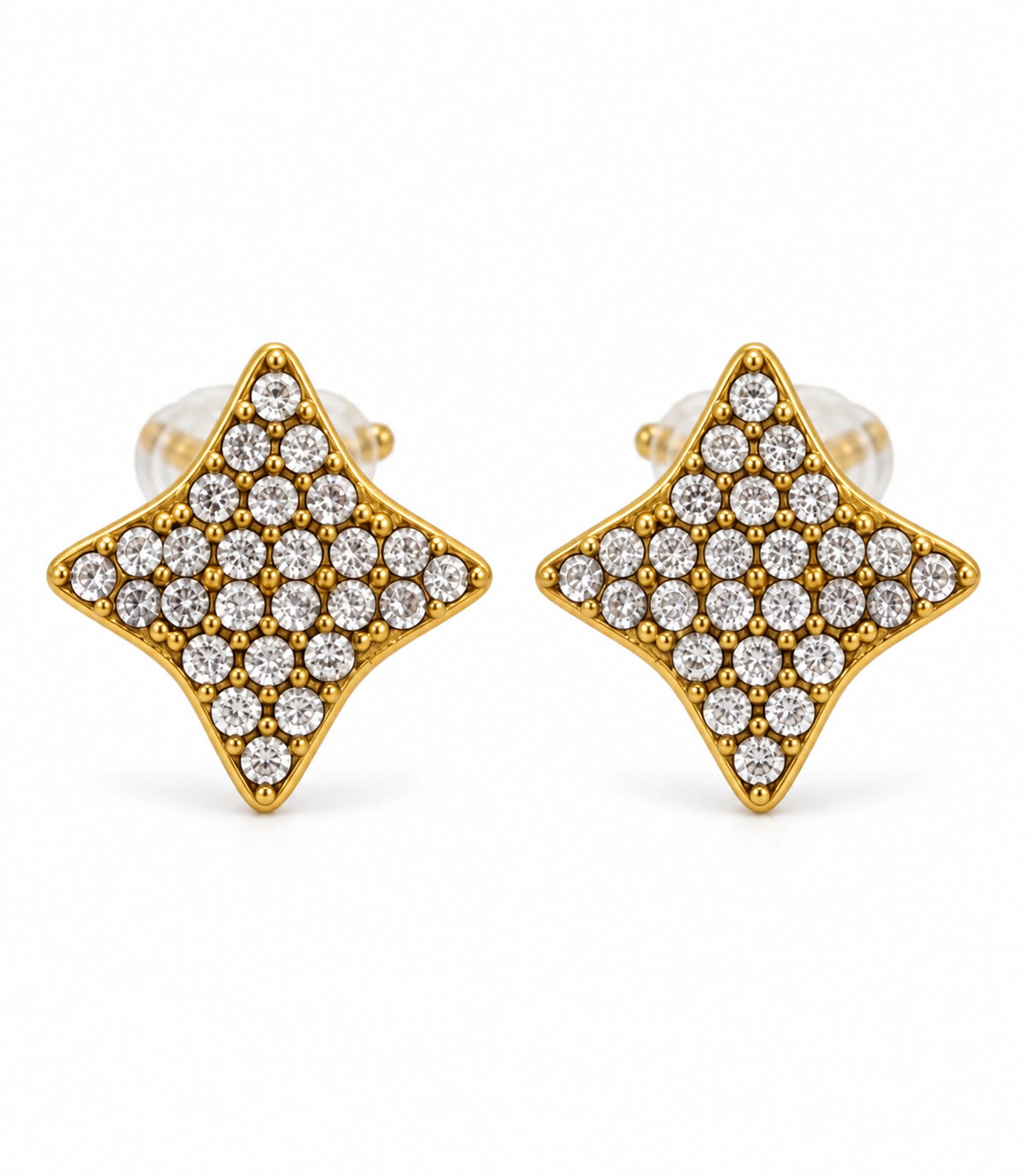 JIMIKI antique gold-tone four-point star stud earrings, matching pair on white showing four-point outlines and clear stones #color_antique-gold
