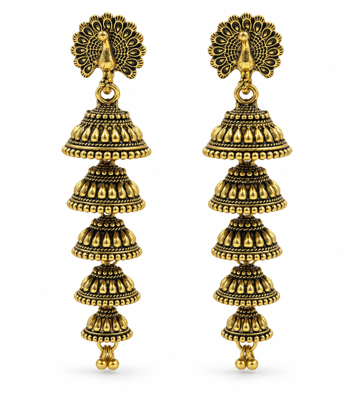 JIMIKI Peacock Five Tier Jhumka Earrings in Antique Gold - pair on white #color_antique-gold