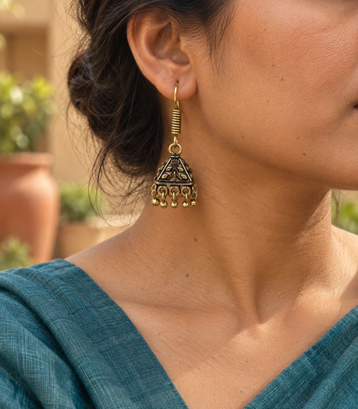 JIMIKI Pyramid Floral Hook Jhumka Earrings in Antique Gold - editorial worn view #color_antique-gold