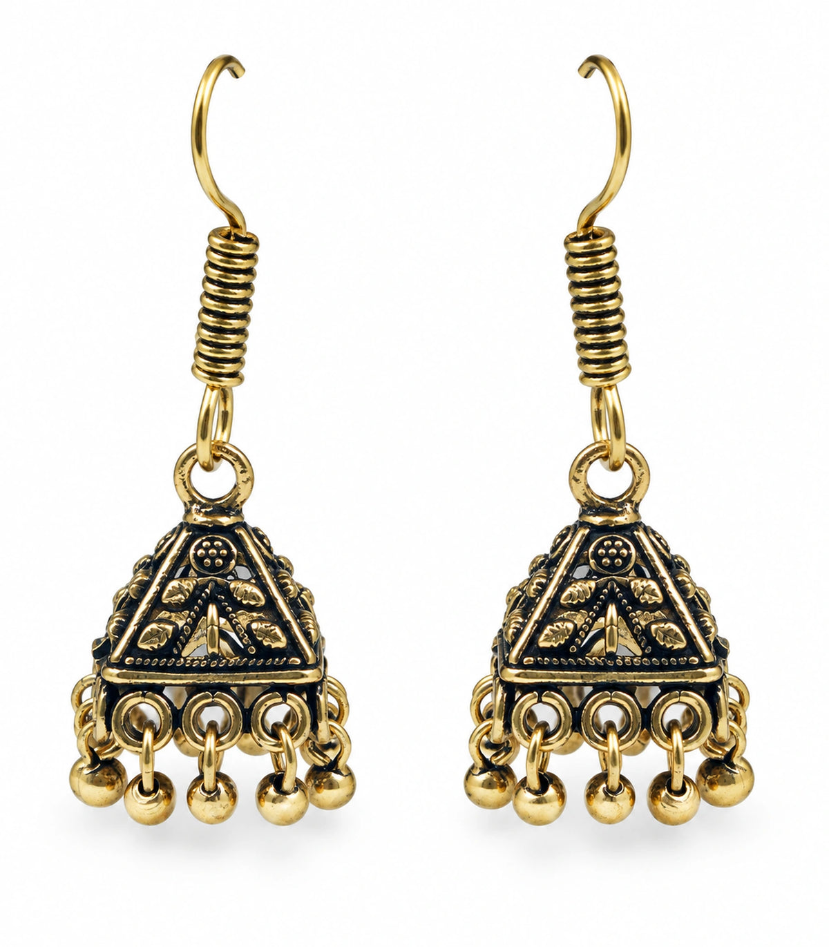 JIMIKI Pyramid Floral Hook Jhumka Earrings in Antique Gold - pair on white #color_antique-gold