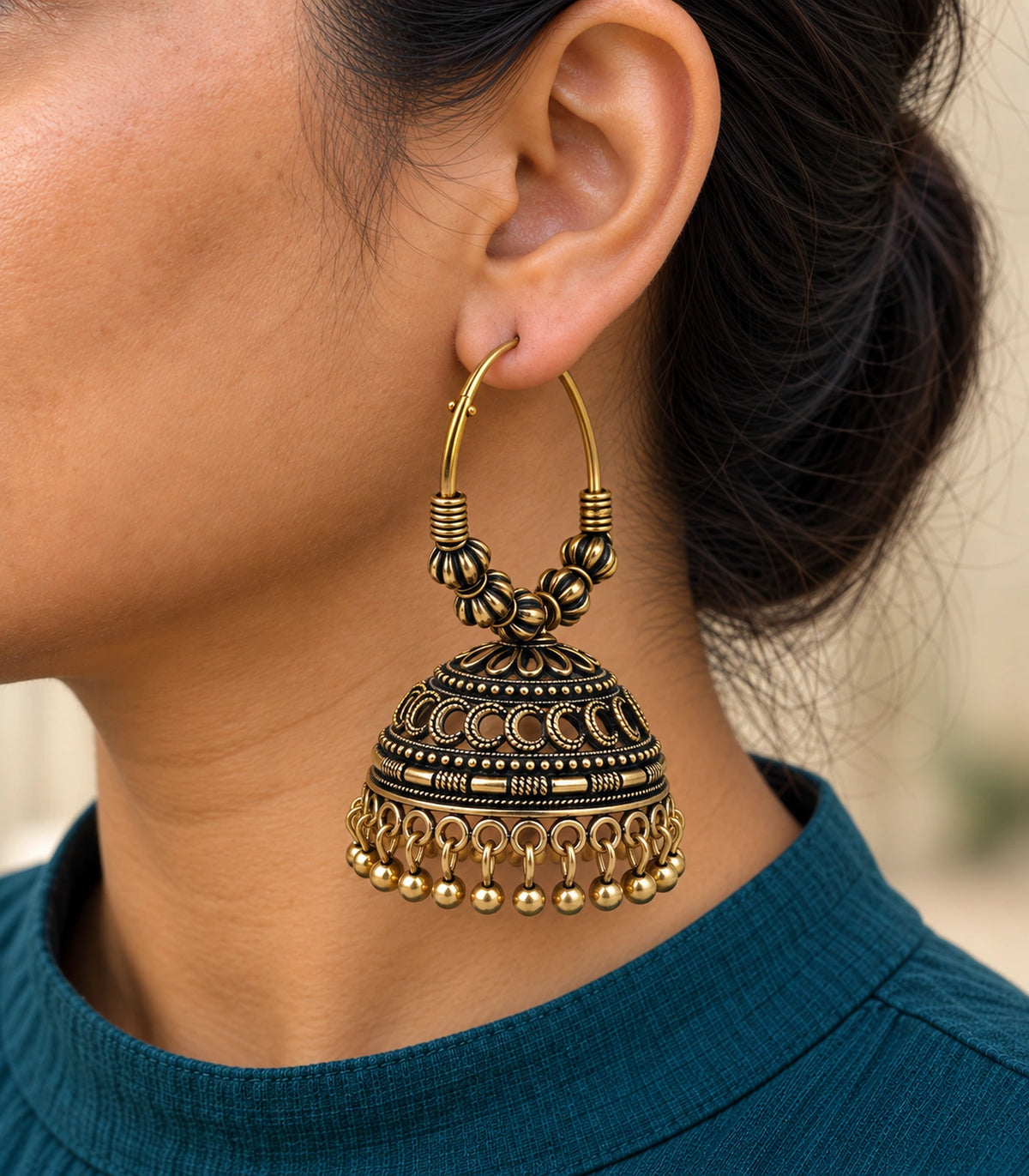 JIMIKI Antique Gold Ribbed Bead Hoop Crescent Jhumka Earrings in Antique Gold - close-up details #color_antique-gold