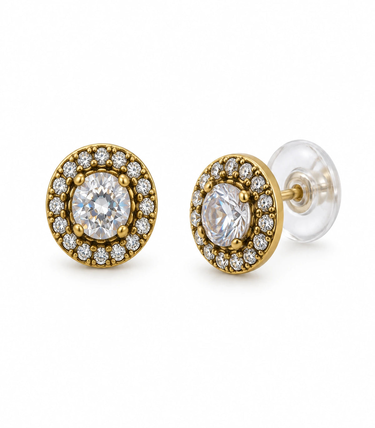 JIMIKI Antique Gold Round Crystal Halo Stud Earrings, matching pair with front, side and post back visible on white #color_antique gold
