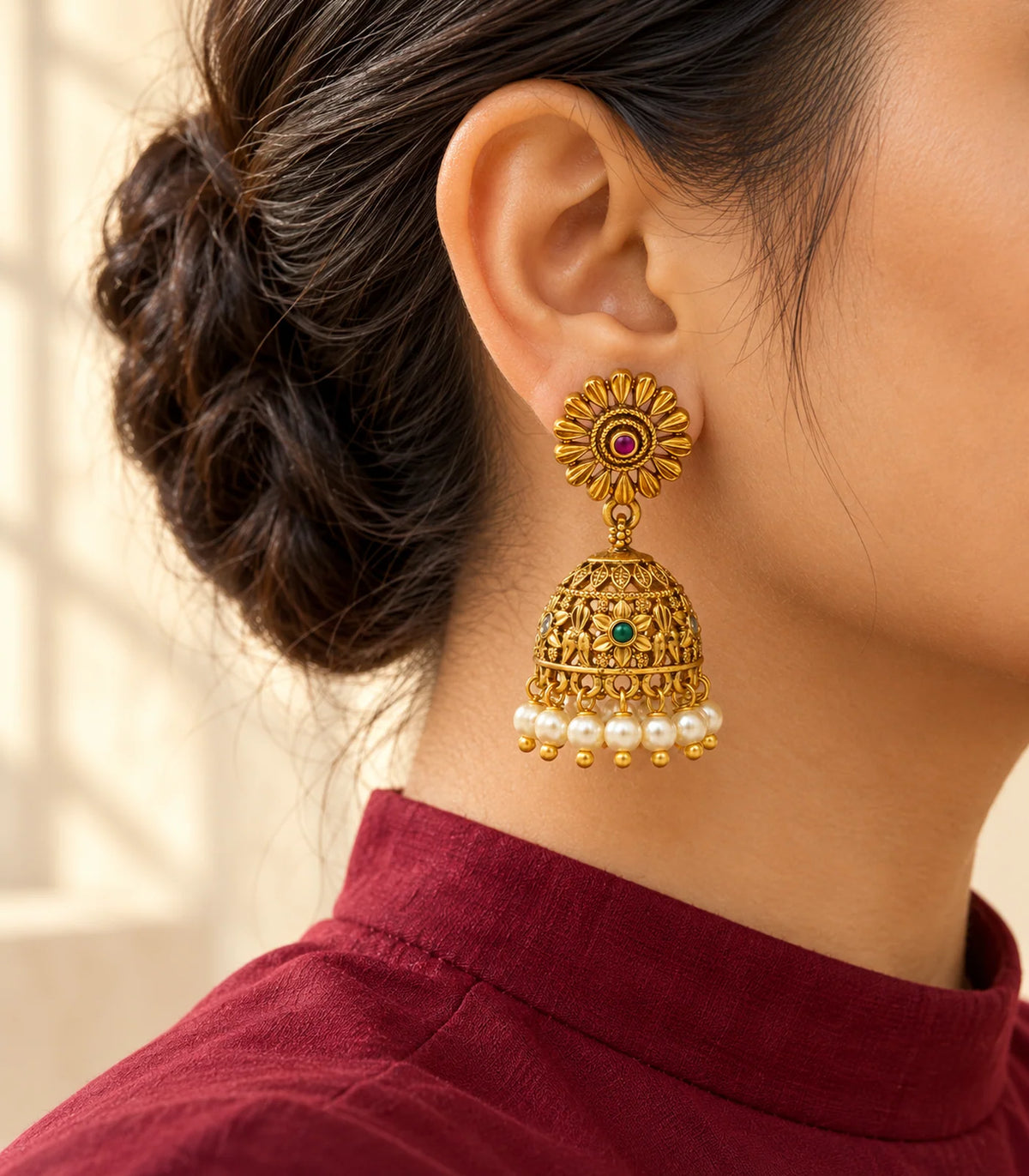 Sunflower green pearl jhumka earrings worn with a patterned high-collar outfit in a warm editorial setting