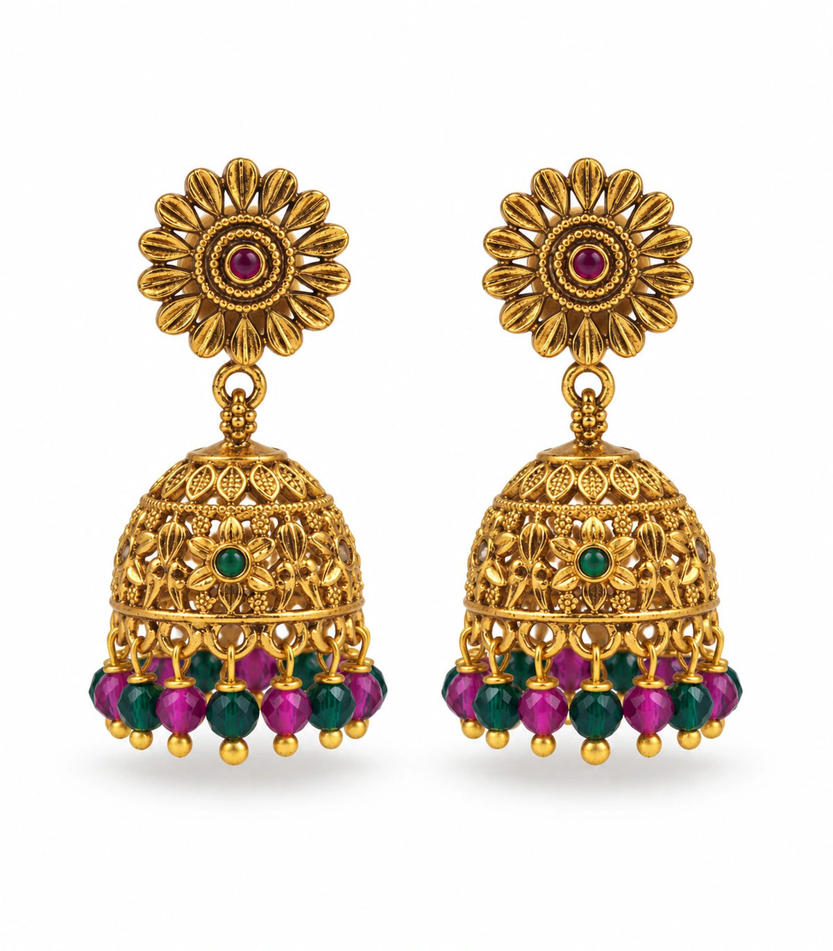 Matching pair of antique gold-tone sunflower jhumka earrings with magenta centres, green floral bells and magenta and green bead fringe