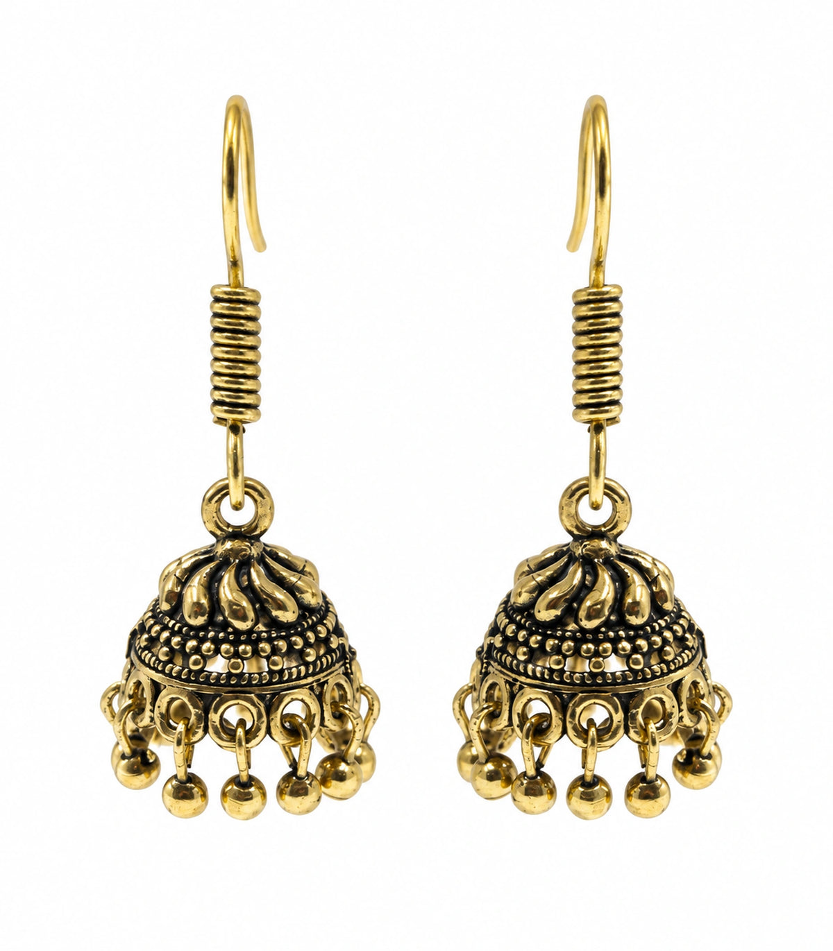 JIMIKI Antique Gold Swirl Crown Jhumka Earrings - matching pair on a white background #color_antique-gold