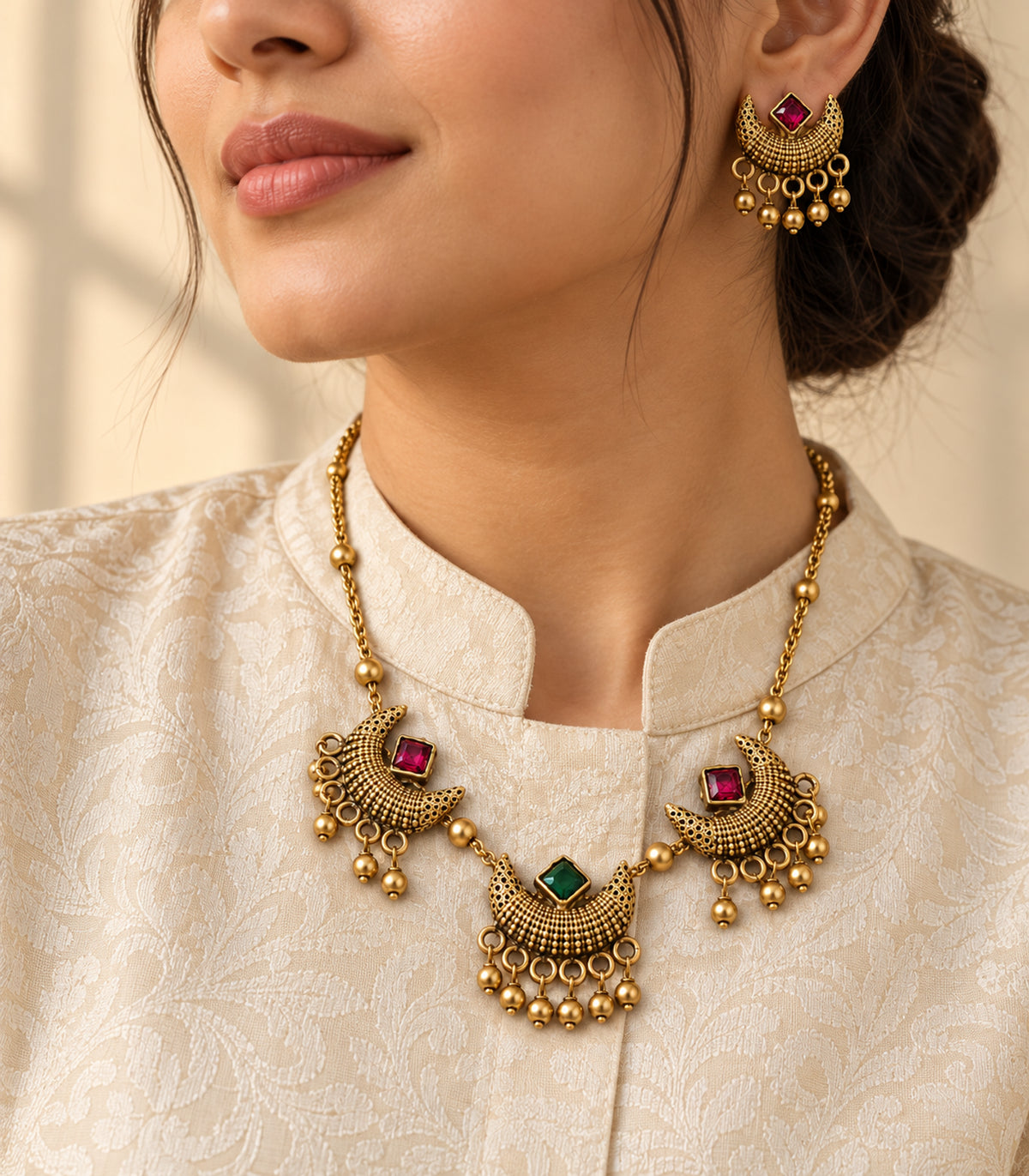 Three-quarter styled view of antique gold-tone magenta green crescent necklace set
