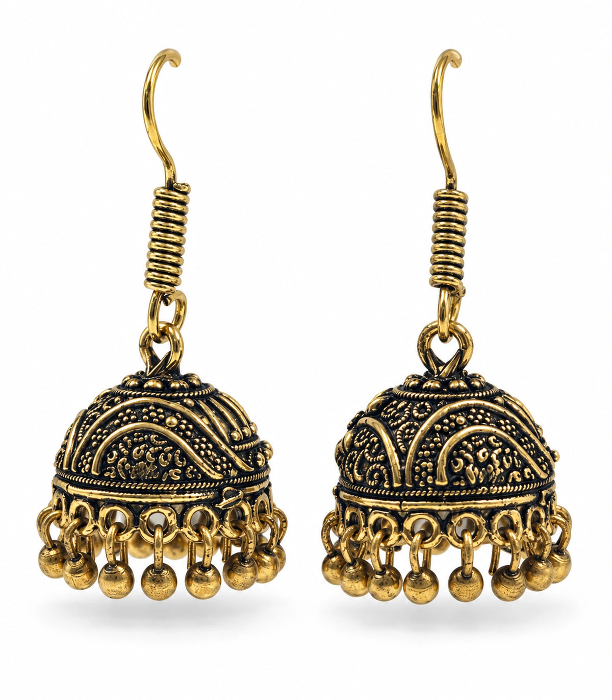 Antique gold-tone wave scroll jhumka earring pair on white #color_antique-gold