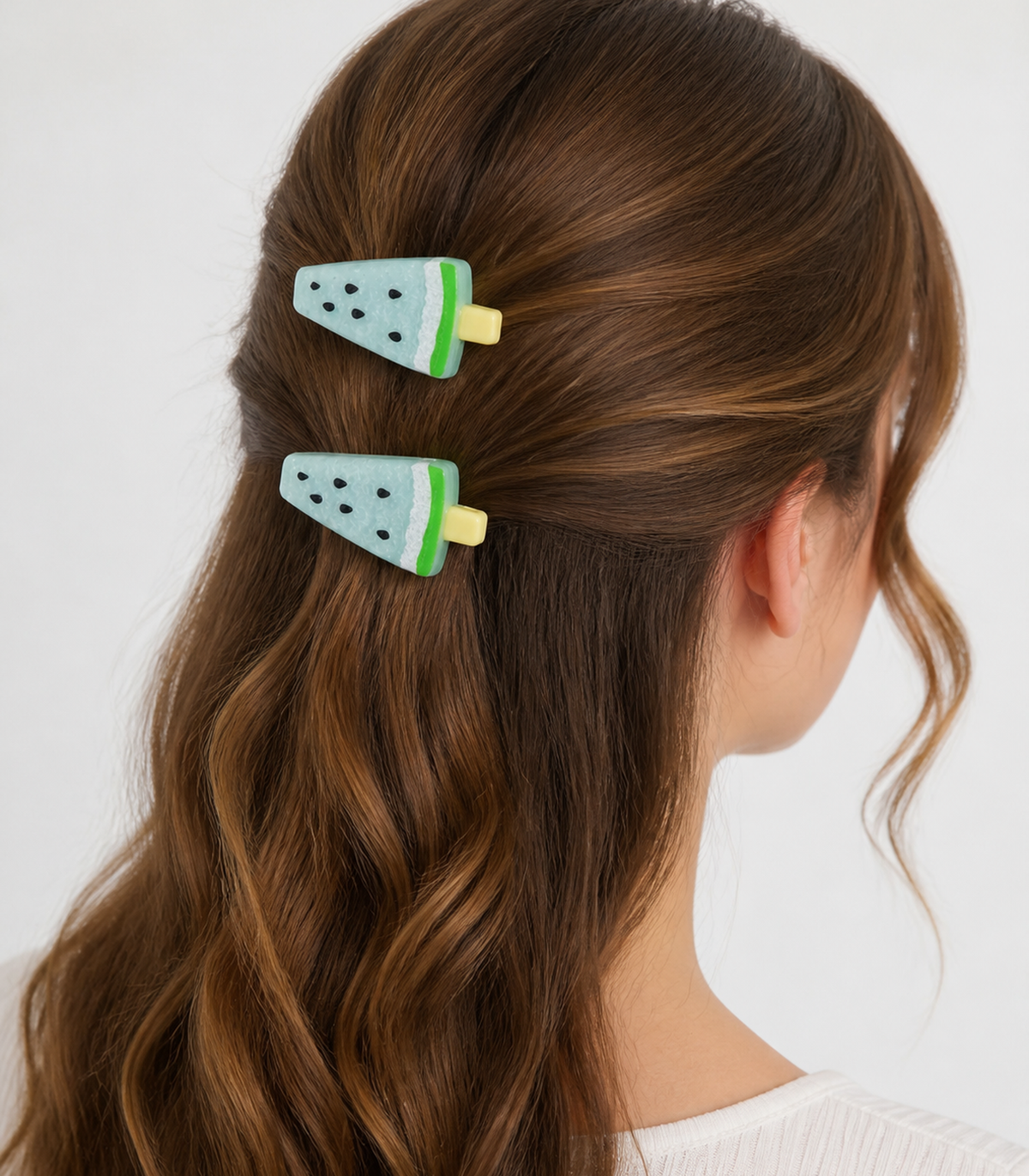 Aqua Watermelon Barrette Pair styled editorial view