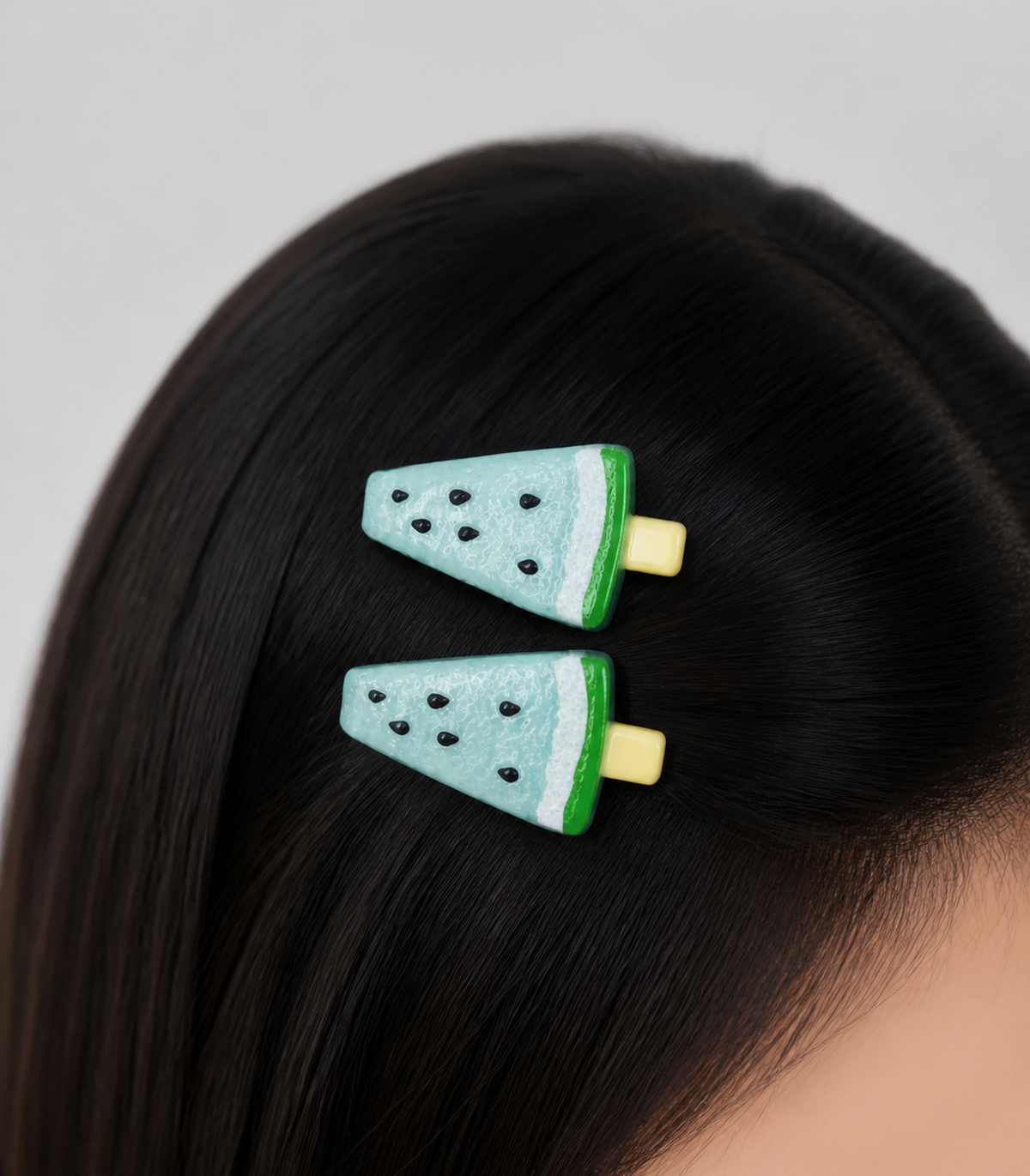 Aqua Watermelon Barrette Pair worn in hair