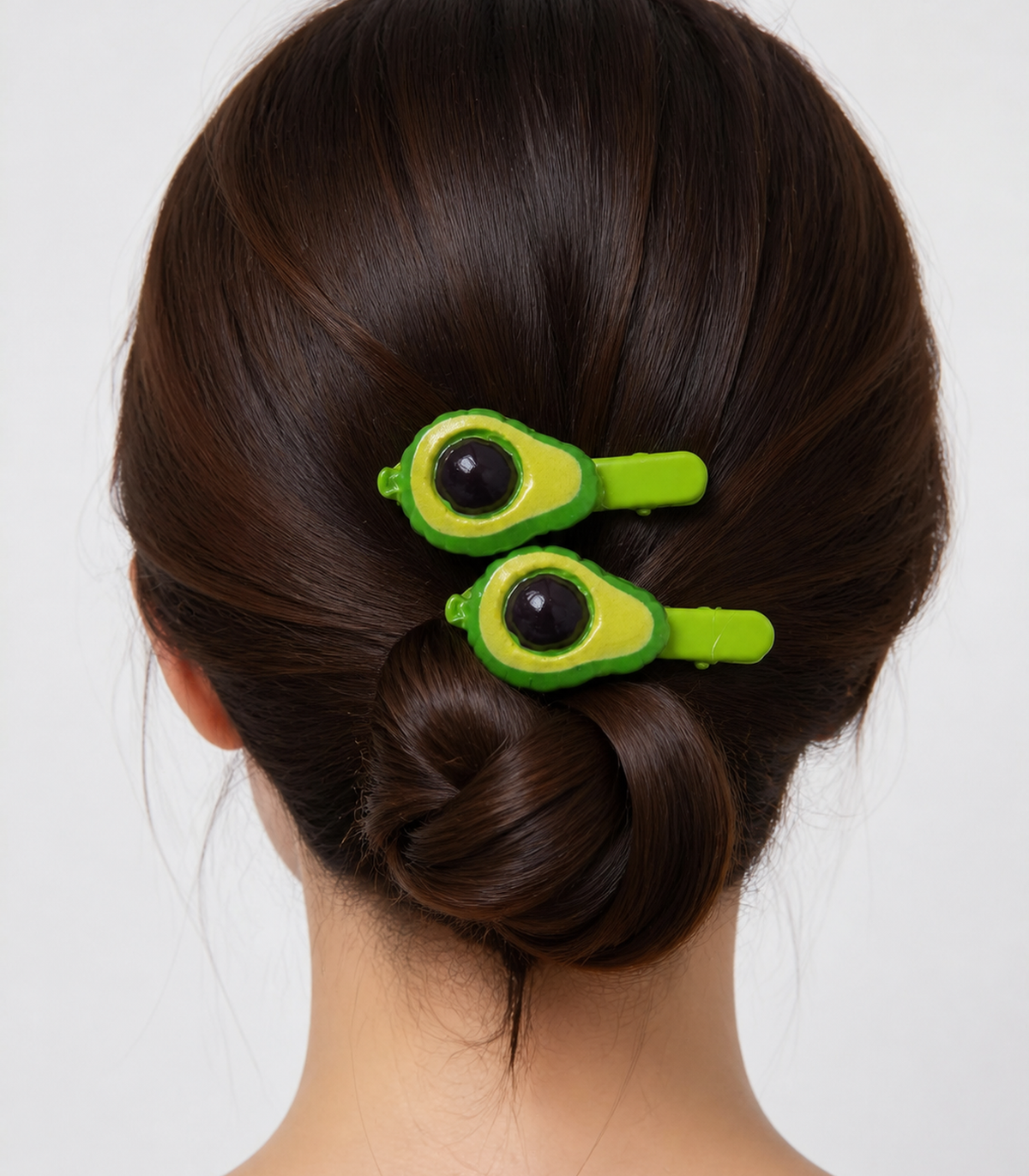 JIMIKI Raised Avocado Green Clip Pair in Green / Dark Brown, editorial hairstyle view