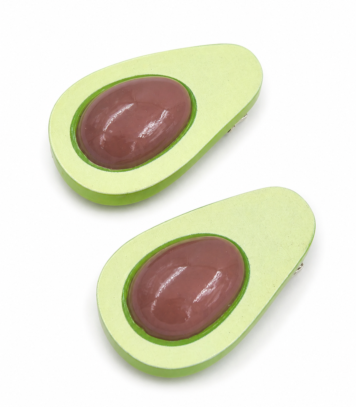 JIMIKI Elongated Avocado Slice Barrette Pair in Pale Green / Brown, white background product view