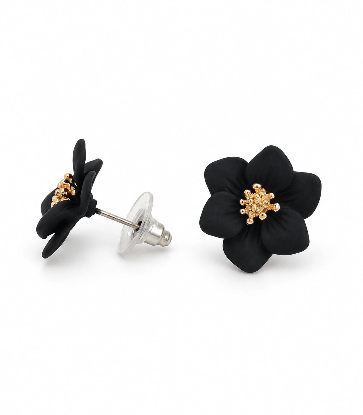 JIMIKI Black compact six petal flower stud earrings, matching pair on white background #color_black